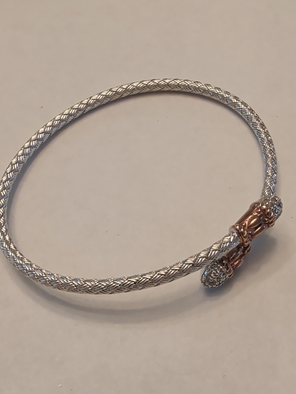 Sterling Silver Braided Bangle with Rose Gold Accent